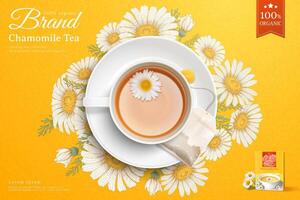 Top view of refreshing cup of tea with tea bag and chamomile flowers in 3d illustration over yellow background vector