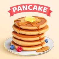 Homemade pancake ads in 3d illustration, pile of pancakes with butter and honey dripping with blueberries and raspberry on a serving plate over beige background vector