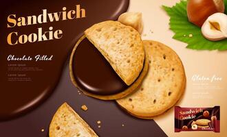 Chocolate sandwich cookie ad in 3d illustration, large close-up biscuits with chocolate spread and hazelnuts vector