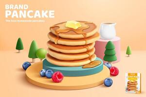Pancake mix banner ads with butter and honey dripping on homemade pancakes, toy fruits and trees in 3d illustration vector