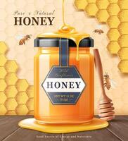 Wild sunflower honey package design with honey dipper and dripping liquid in 3d illustration with honeycomb engraved background vector