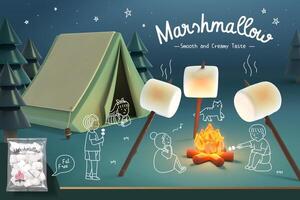 Marshmallow advertisement banner in 3d illustration with kids roasting marshmallows on bonfire outside tent on camping site. vector