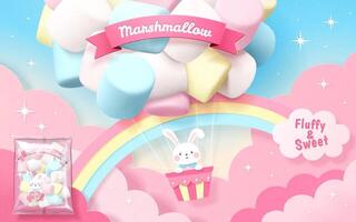 Marshmallow ad in 3d illustration with bunny flying in colorful marshmallow balloon with rainbow in sky vector