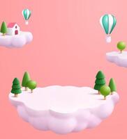 3d illustration of a house and trees on the cloud in the sky with a hot air balloon flying by vector