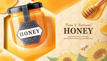 Sunflower honey jar in a liquid in 3d illustration with honey dipper, honeybee and sunflower design elements on engraved honeycomb background vector