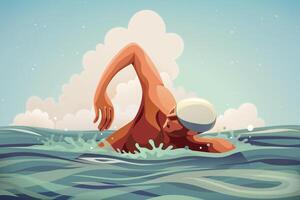 Professional athlete doing freestyle swimming in open water, illustration in flat style vector