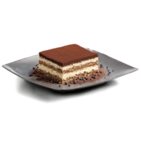 Tiramisu with cocoa powder dusting and coffee splash in background Food and culinary concept png