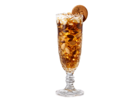 Almond cola in a tall glass almonds and caramel swirls around dynamic brown splash high png