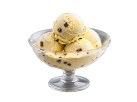 Vegan banana ice cream with dark chocolate chips served in a transparent glass bowl simple png