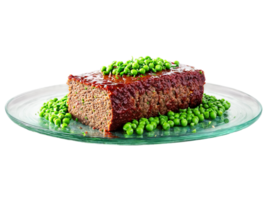 Meatloaf glazed and sliced with green peas on the side on a transparent glass plate png