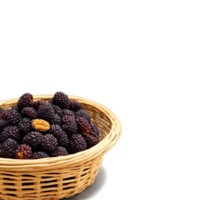 Dried mulberries in a rustic wicker basket deep purple with a soft texture a gentle png