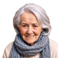 Elderly woman with silver hair and a knitted scarf plain face squinting eyes grimacing mouth. Essence of diverse femininity. png