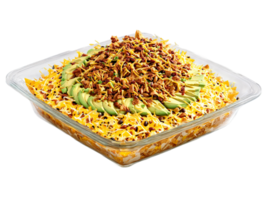 tirado pollo nachos con queso frijoles y aguacate servido en un transparente vaso plato abundante png