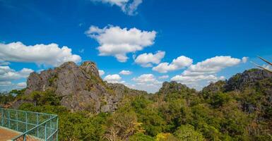 Aerial panorama of Thailand's National Park, there is a well-known tourist destination with views of the forest and limestone mountain. photo