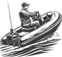 a man driving inflatable boat the boat is traveling with engraving style vector