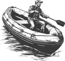 a man driving inflatable boat the boat is traveling with engraving style vector