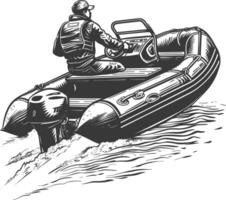 un hombre conducción inflable barco el barco es de viaje con grabado estilo vector