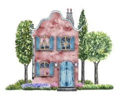 European red house with a courtyard and garden. Fabulous, cute, brick two-storey house in vintage style. The watercolor illustration is made by hand. Isolate it. For prints, children's games, postcard png