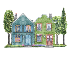 European vintage houses and street. Fabulous, cute brick two-storey houses in retro style. The watercolor illustration is made by hand. Highlight it. For prints, children's games, postcards, packaging png