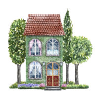 An old European house surrounded by trees. Fabulous, cute, green two-storey house in vintage style. The watercolor illustration is made by hand. Isolate it. For printing, children's games, postcards. png