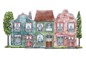 europeu vintage casas e rua. fabuloso, fofa tijolo dois andares casas dentro retro estilo. a aguarela ilustração é fez de mão. realçar isto. para impressões, crianças jogos, cartões postais, embalagem png