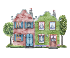 European houses, street. Fabulous, cute, brick two-storey houses in vintage style. The watercolor illustration is made by hand. Highlight it. For children's games, postcards, packaging, scrapbooking. png