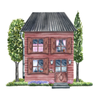 An old village house. A fabulous two-storey wooden house in vintage style, surrounded by trees and grass. The watercolor illustration is made by hand. Highlight it. For prints, children's games. png