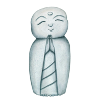 Jizo Bosatsu monk. Hand drawn watercolor illustration of Japanese Stone buddha Monk statue, Kamakura, Japan. Cute prayer Statue, healing Sculpture. Smiling Buddha Figurine png