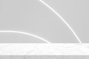 Marble Table with White Wall Texture Background with LED Strips photo