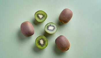 Kiwi pattern on pastel background, top view. Flat lay with fresh green kiwi slices. Minimal summer concept photo