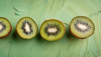 Kiwi pattern on pastel background, top view. Flat lay with fresh green kiwi slices. Minimal summer concept photo