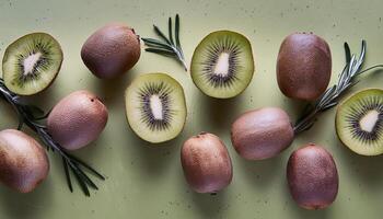 Kiwi pattern on pastel background, top view. Flat lay with fresh green kiwi slices. Minimal summer concept photo