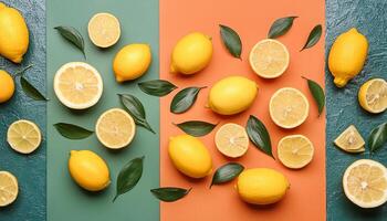 Lemon pattern on pastel background, top view. Flat lay with fresh yellow lemon slices. Minimal summer concept photo