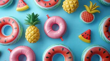 Top view of summer background with inflatable swimming rings, watermelon and pineapple on blue color. Summer vacation holiday concept photo