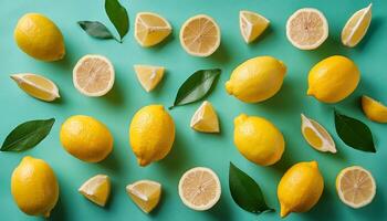Lemon pattern on pastel background, top view. Flat lay with fresh yellow lemon slices. Minimal summer concept photo