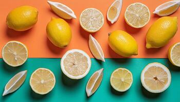 Lemon pattern on pastel background, top view. Flat lay with fresh yellow lemon slices. Minimal summer concept photo