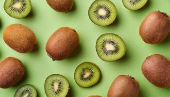 Kiwi pattern on pastel background, top view. Flat lay with fresh green kiwi slices. Minimal summer concept photo