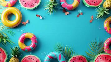 Top view of summer background with inflatable swimming rings, watermelon and pineapple on blue color. Summer vacation holiday concept photo