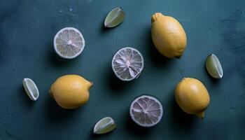 Lemon pattern on pastel background, top view. Flat lay with fresh yellow lemon slices. Minimal summer concept photo