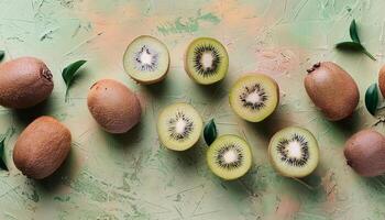 Kiwi pattern on pastel background, top view. Flat lay with fresh green kiwi slices. Minimal summer concept photo