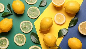 Lemon pattern on pastel background, top view. Flat lay with fresh yellow lemon slices. Minimal summer concept photo