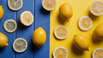 Lemon pattern on pastel background, top view. Flat lay with fresh yellow lemon slices. Minimal summer concept photo