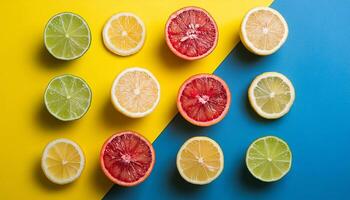 Lemon pattern on pastel background, top view. Flat lay with fresh yellow lemon slices. Minimal summer concept photo