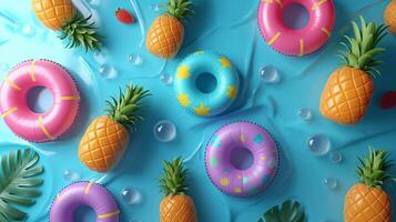Top view of summer background with inflatable swimming rings, watermelon and pineapple on blue color. Summer vacation holiday concept photo