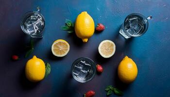 Lemon pattern on pastel background, top view. Flat lay with fresh yellow lemon slices. Minimal summer concept photo