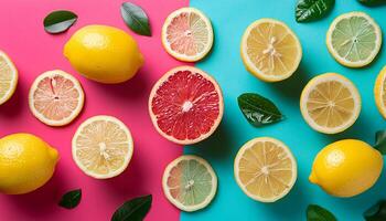 Lemon pattern on pastel background, top view. Flat lay with fresh yellow lemon slices. Minimal summer concept photo