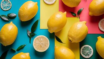 Lemon pattern on pastel background, top view. Flat lay with fresh yellow lemon slices. Minimal summer concept photo
