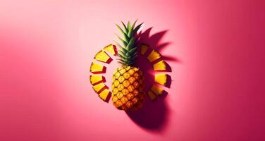 A pineapple sliced on a pink background resembling a flower petal photo