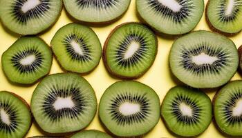 Kiwi pattern on pastel background, top view. Flat lay with fresh green kiwi slices. Minimal summer concept photo