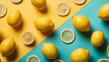 Lemon pattern on pastel background, top view. Flat lay with fresh yellow lemon slices. Minimal summer concept photo